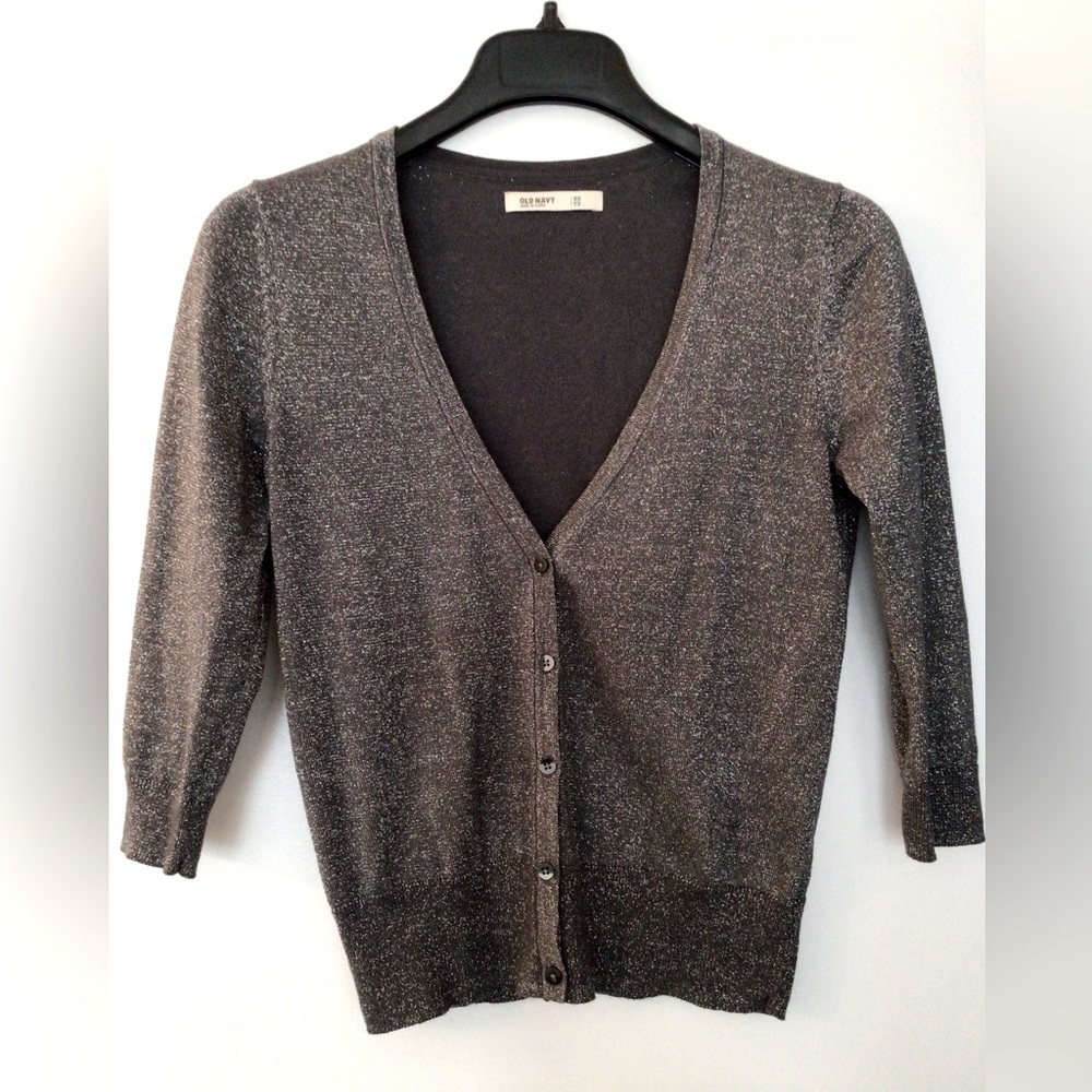 Pewter Grey Silver Glitter Metallic V-Neck Buttoned Cardigan 3/4 Sleeves - XS
